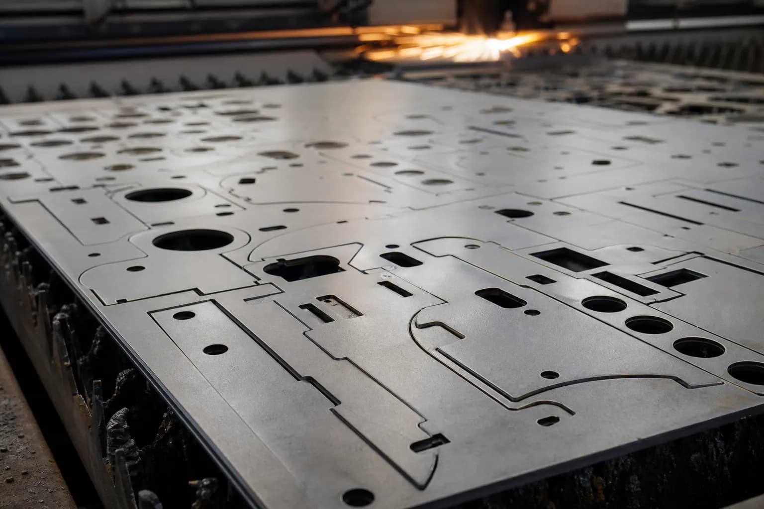Laser-cut sheet metal parts nested on a plate