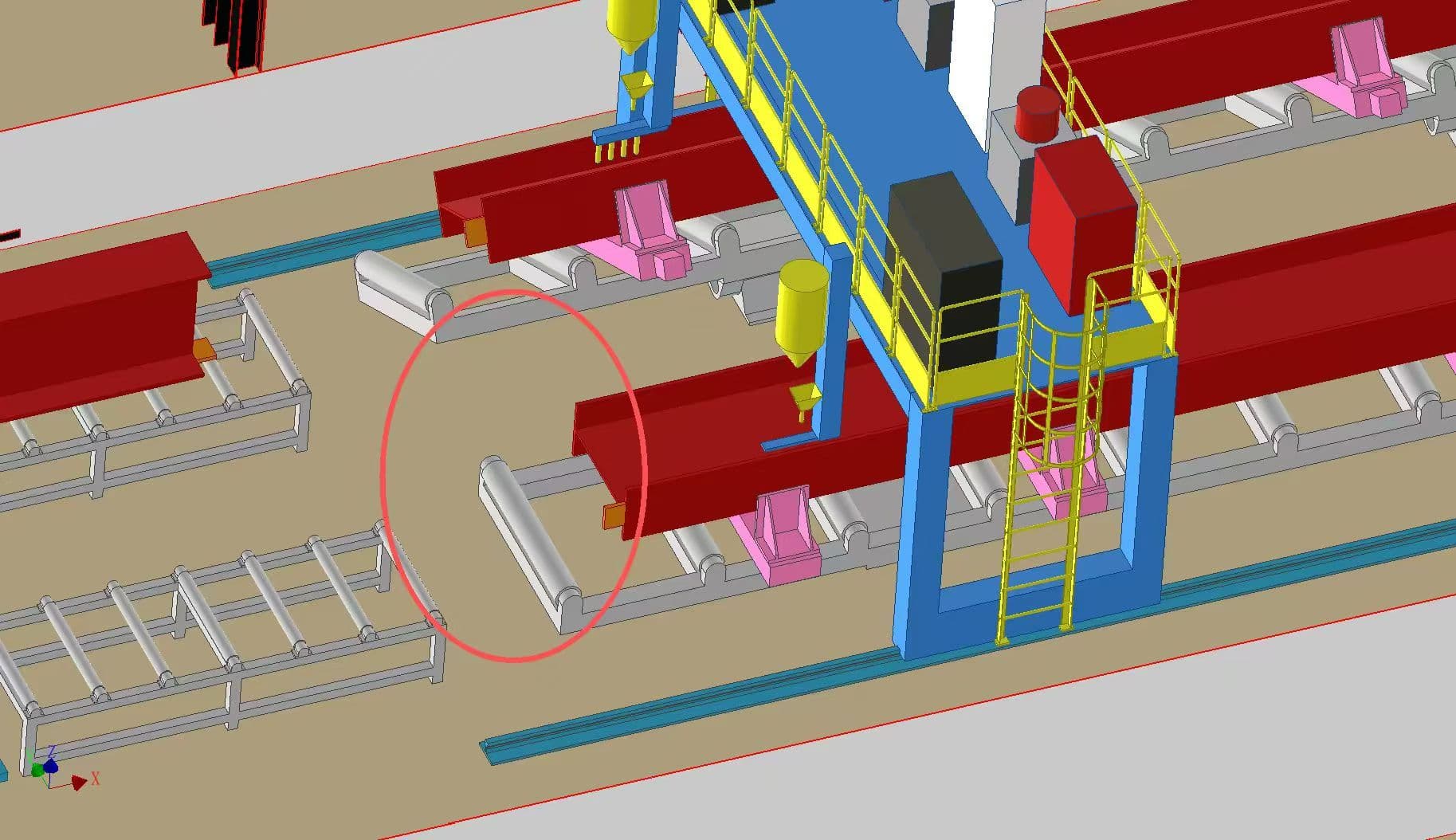 3D model of a structural I-beam processing line with conveyors